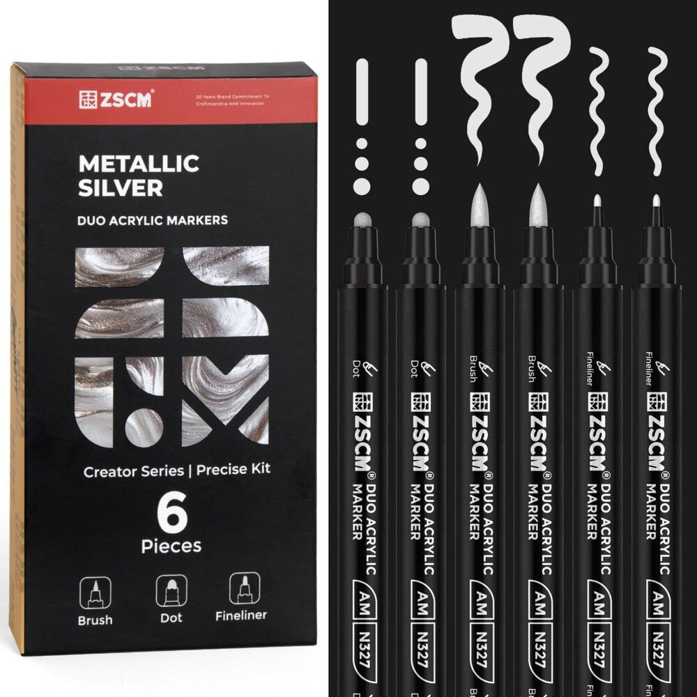 Silver Acrylic Paint Markers 6Pk Multi Tip Brush Fine Point Art Pens Black Paper